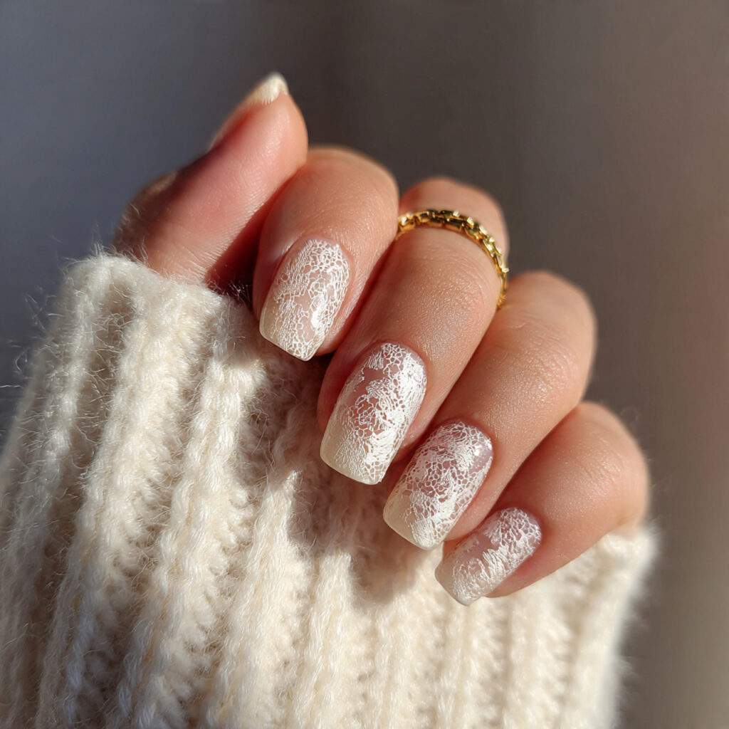 ivory lace inspired nails for a classic wedding