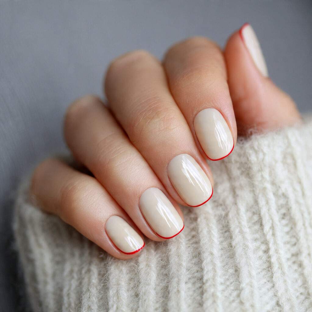 ivory nails with minimal red corner detail
