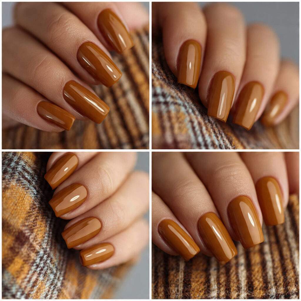 january nails in warm caramel shades with