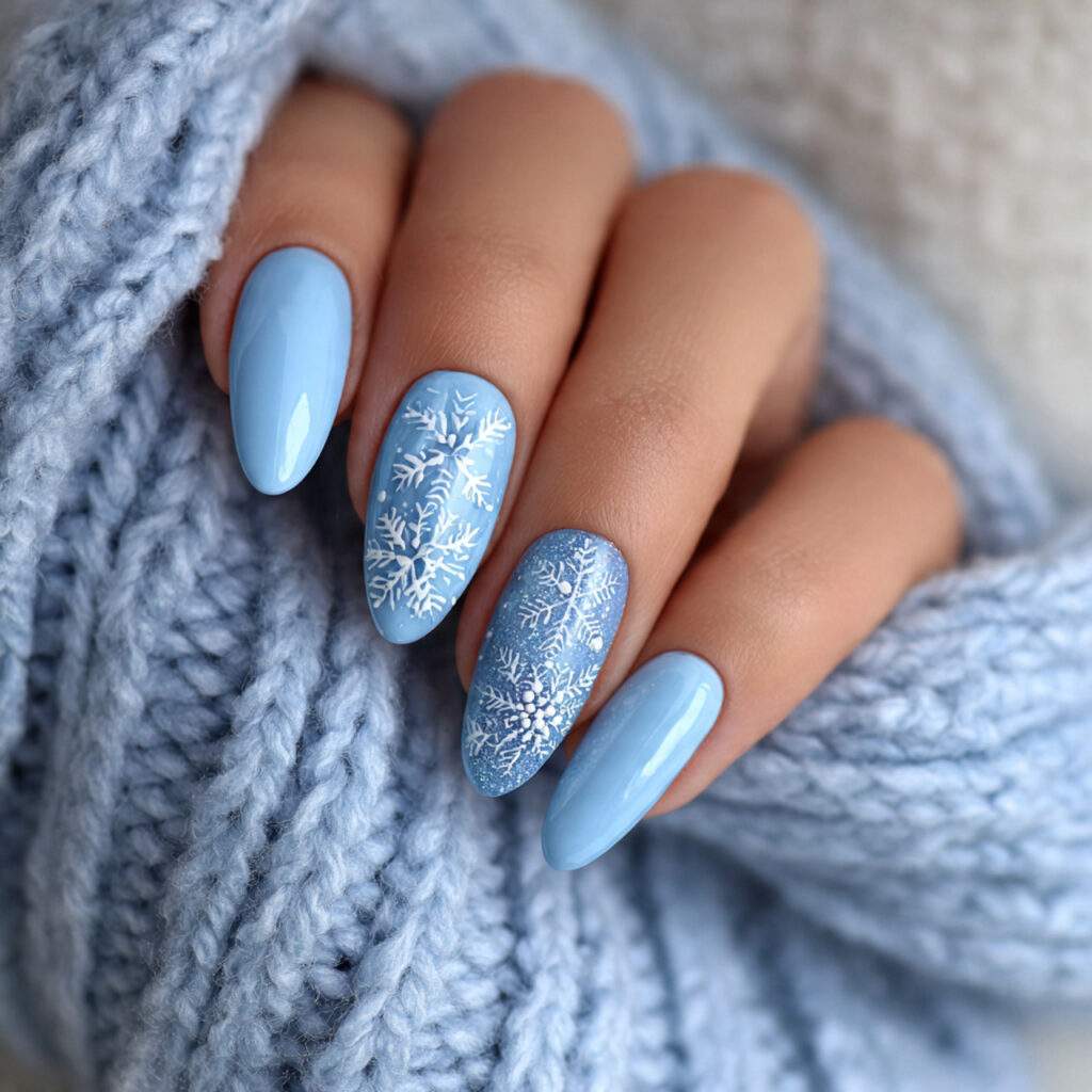 light blue snowflake winter nails with glossy