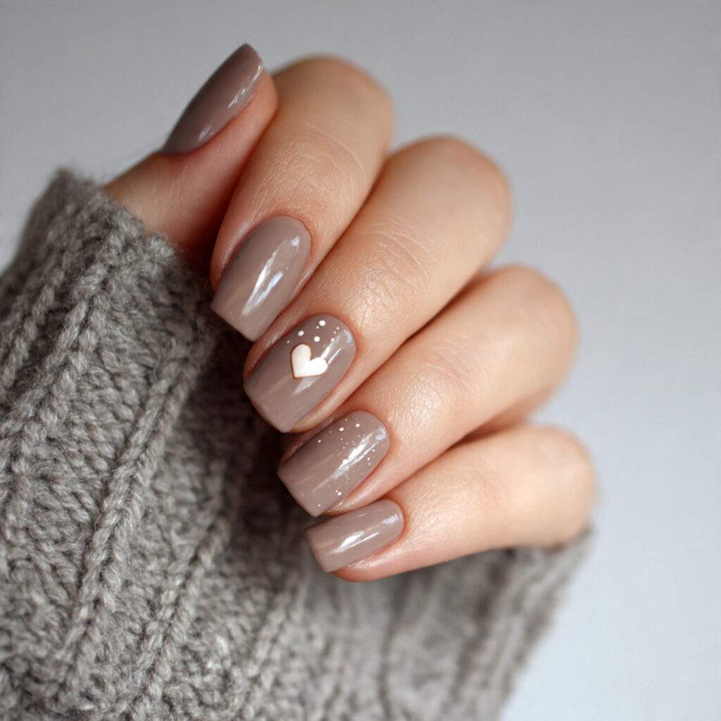light mocha nails with a single heart
