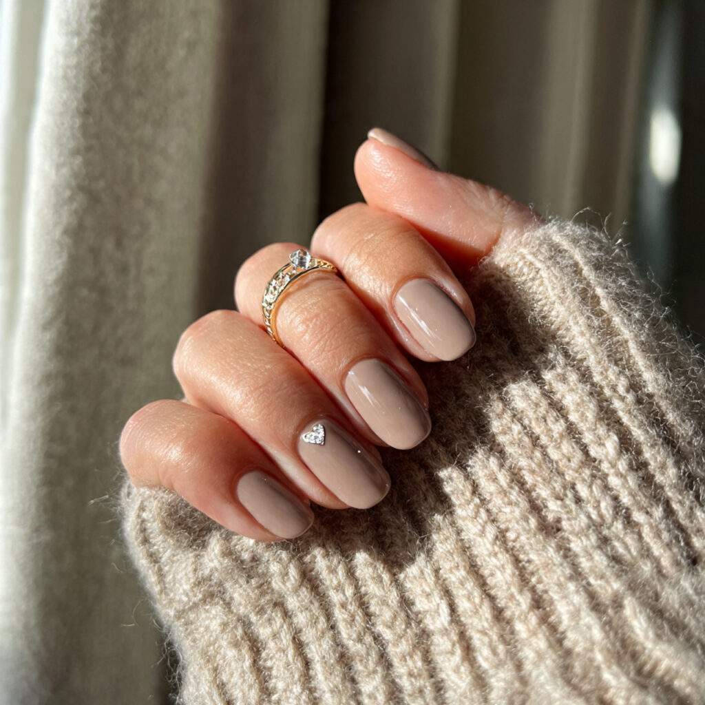 light mocha nails with tiny heart tip