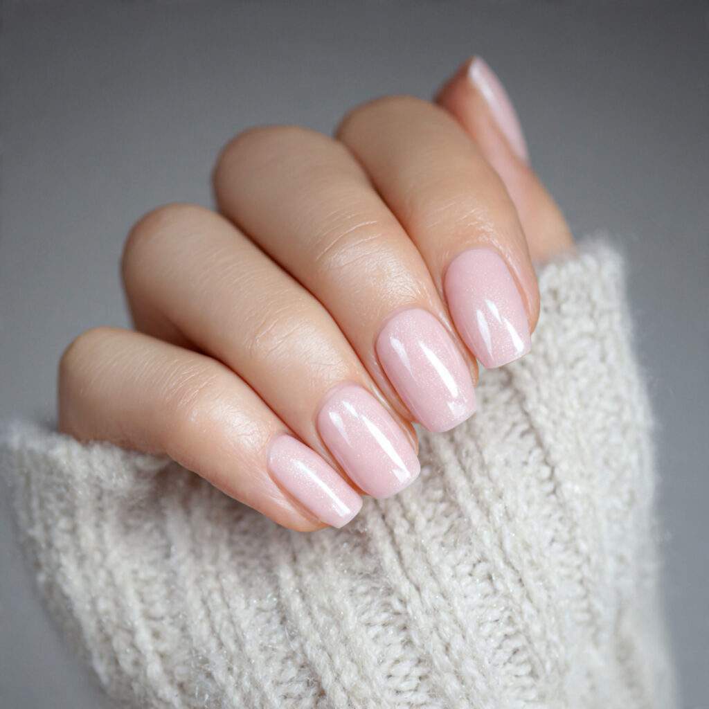 light pink nails with a pearl finish