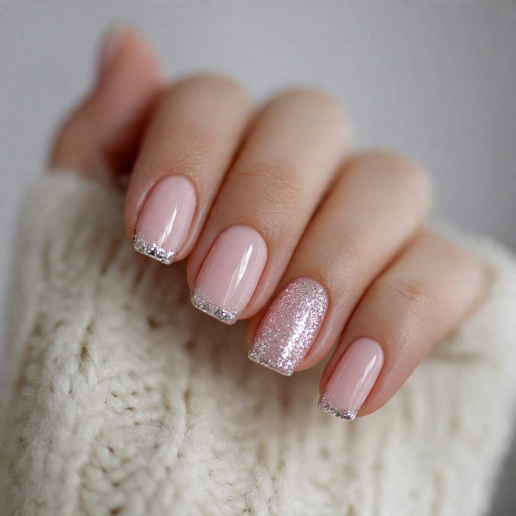 light pink nails with silver glitter on