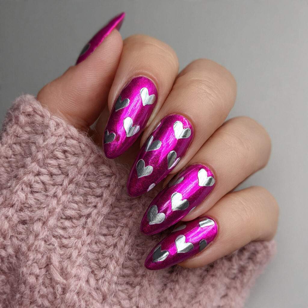 magenta valentine nails almond long with silver