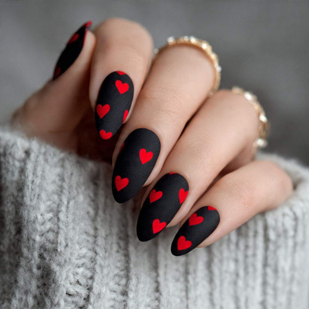 matte black nails adorned with glossy red