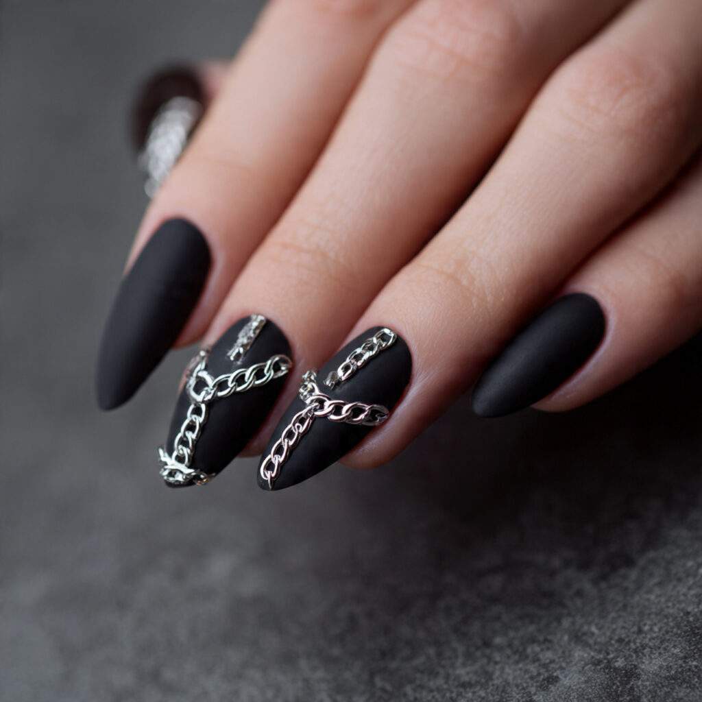 matte black nails decorated with delicate silver
