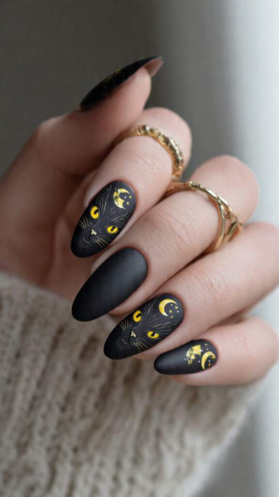 Matte Black Nails With Yellow-Eyed Cat and Moons