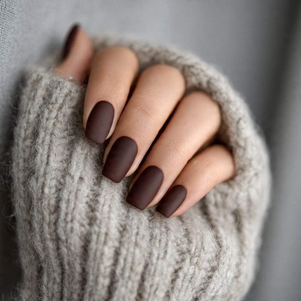 matte brown winter nails create a smooth