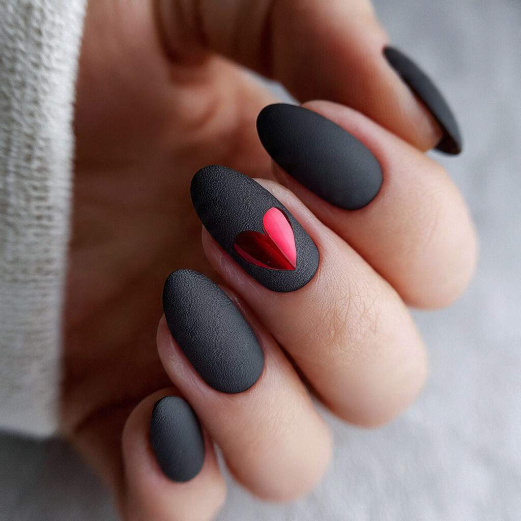 matte nails with glossy heart accent