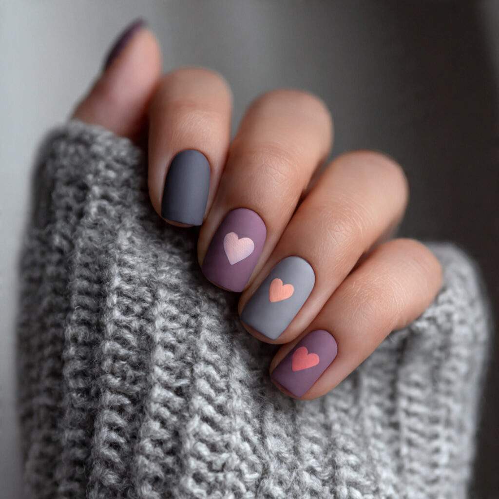 matte nails with subtle heart art