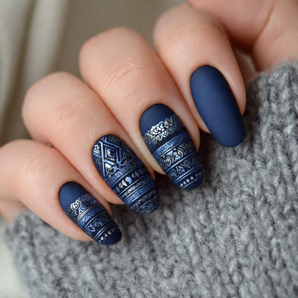 matte nordic winter navy nails