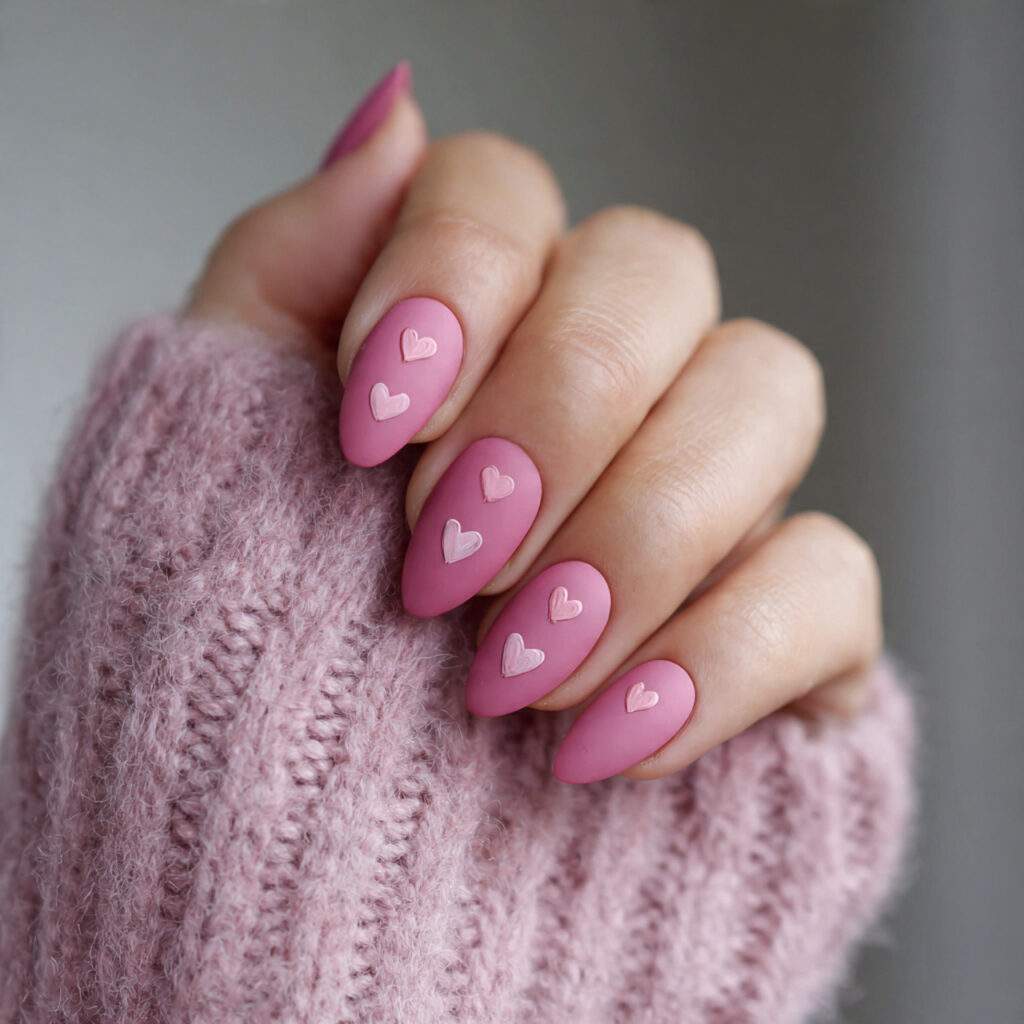 matte pink nails with subtle heart art