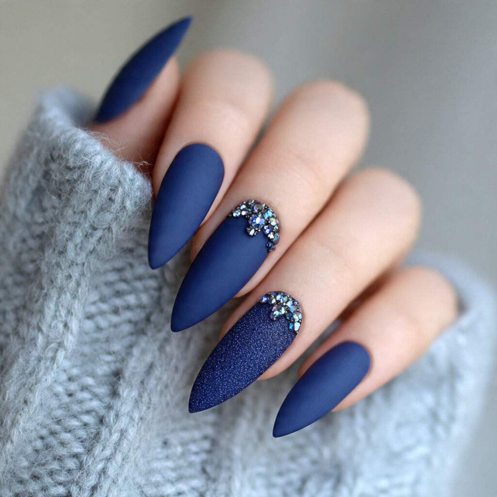 matte winter sapphire stiletto nails feel deep