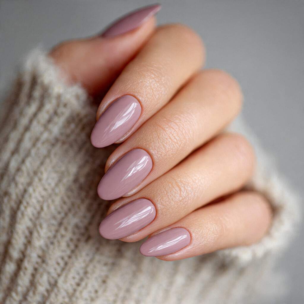 medium length nails painted in muted mauve with