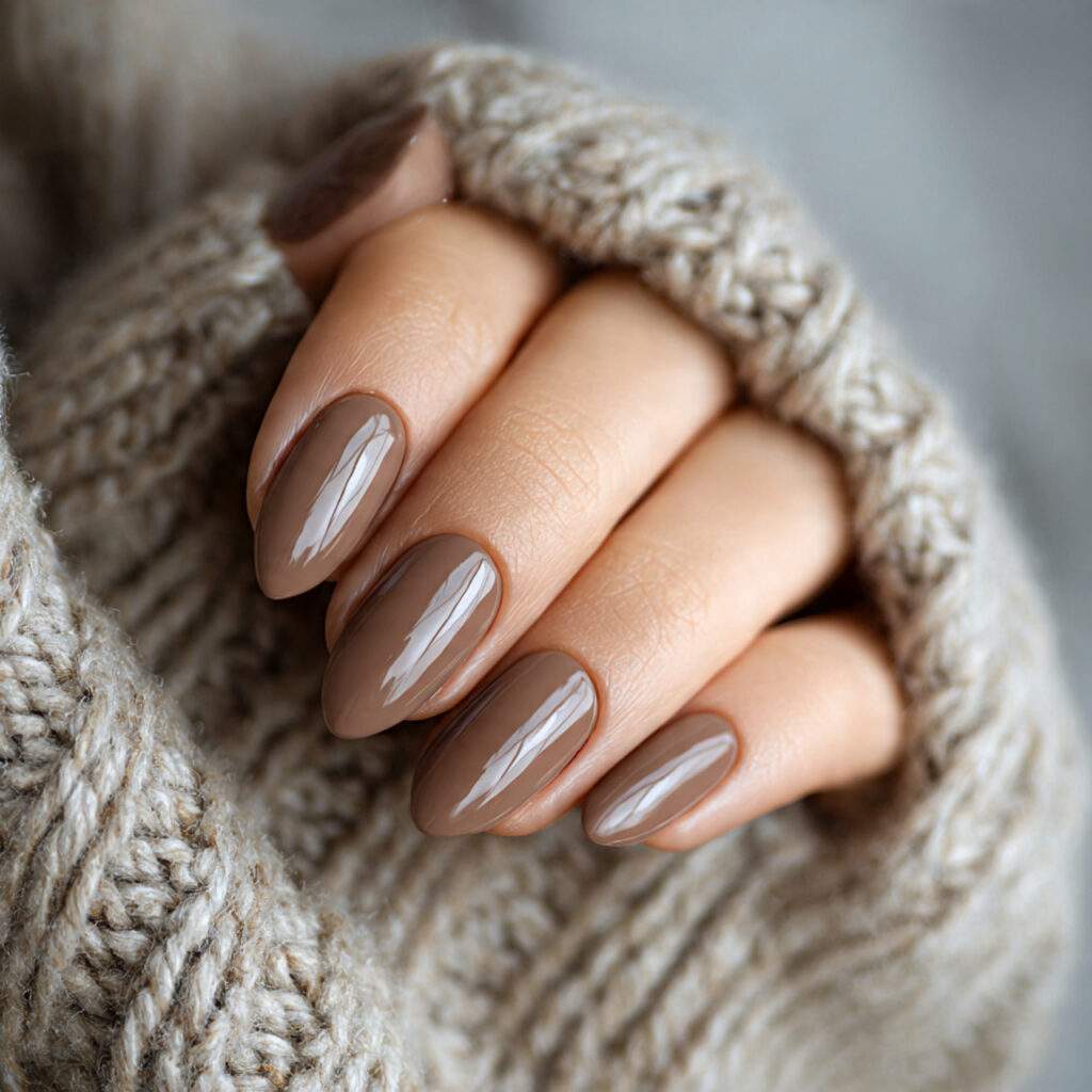 medium length nails painted in warm coffee cream