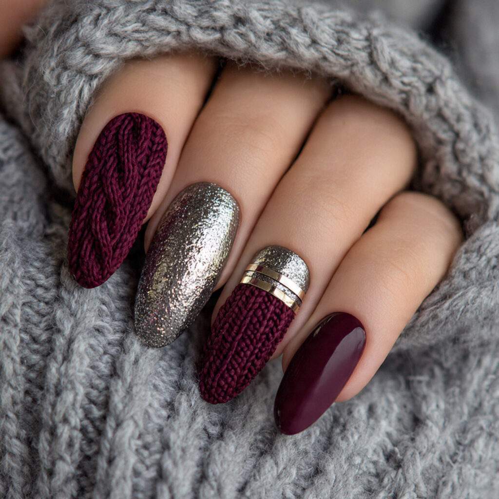 metallic knit burgundy winter nails feel cozy
