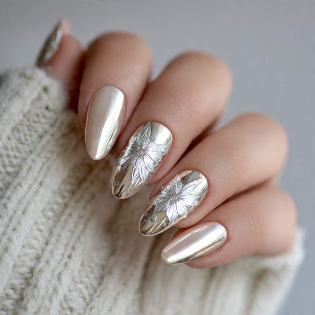 metallic petal poinsettia nails feel modern and