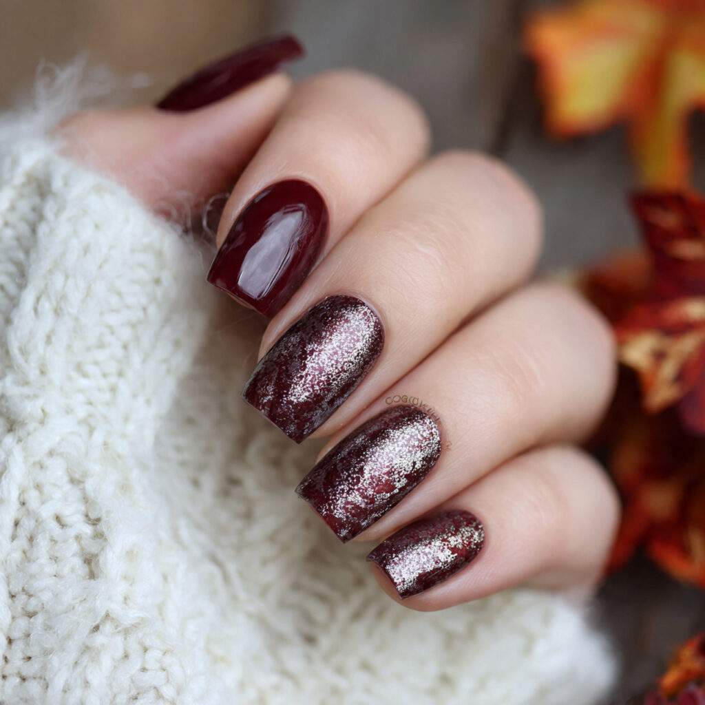 metallic winter square burgundy glam nails