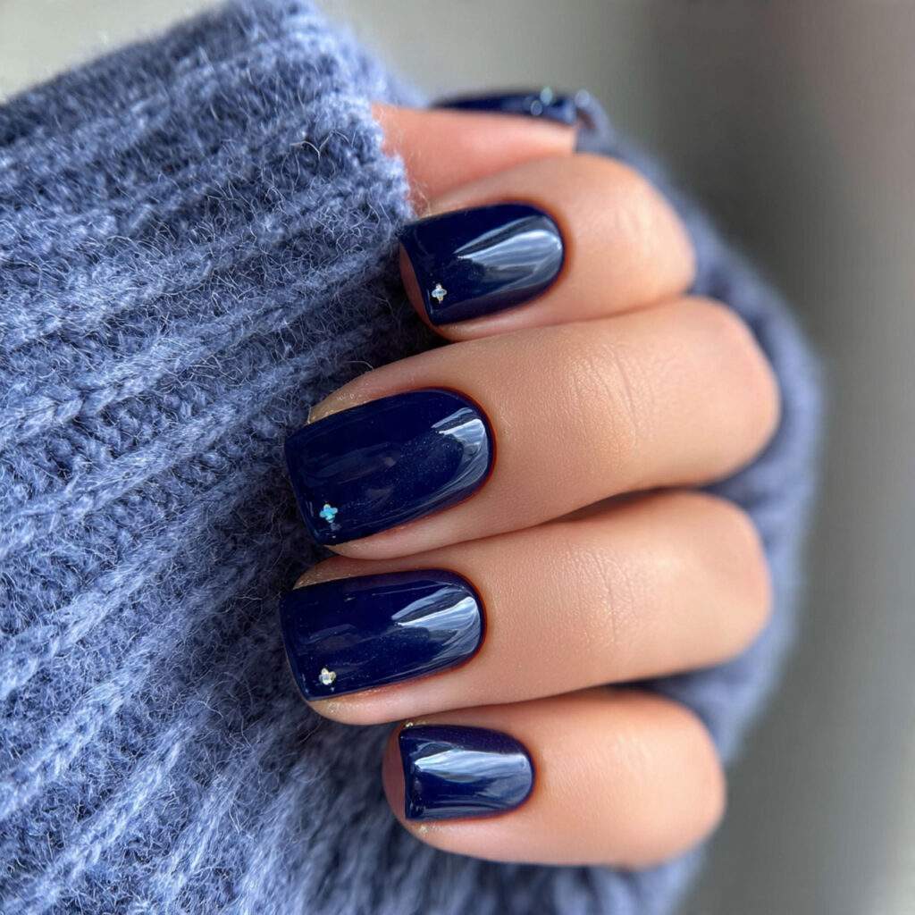 midnight blue short winter nails with gloss