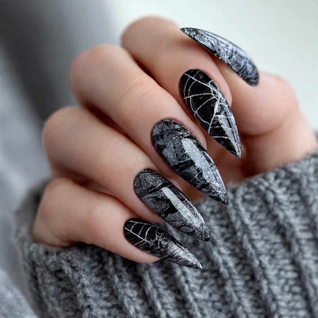 midnight icicle web stiletto nails feel edgy