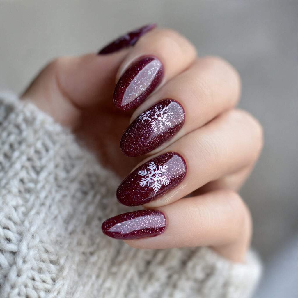 midnight snowflake sparkle burgundy nails