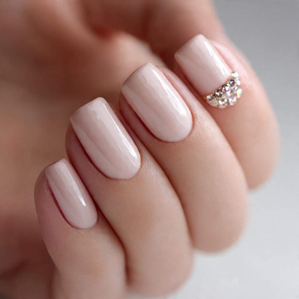 milky white january nails with minimal rhinestones