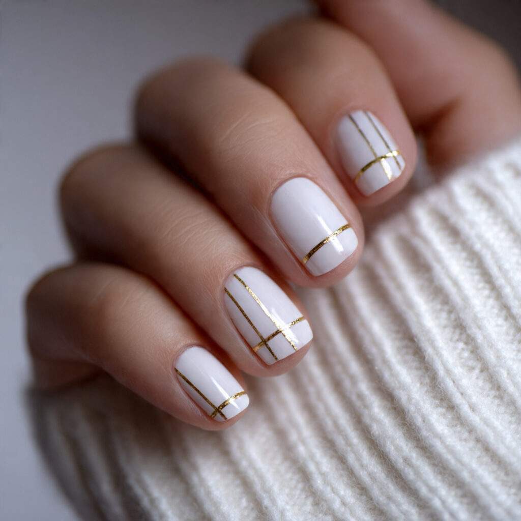 milky white nails with thin gold striping