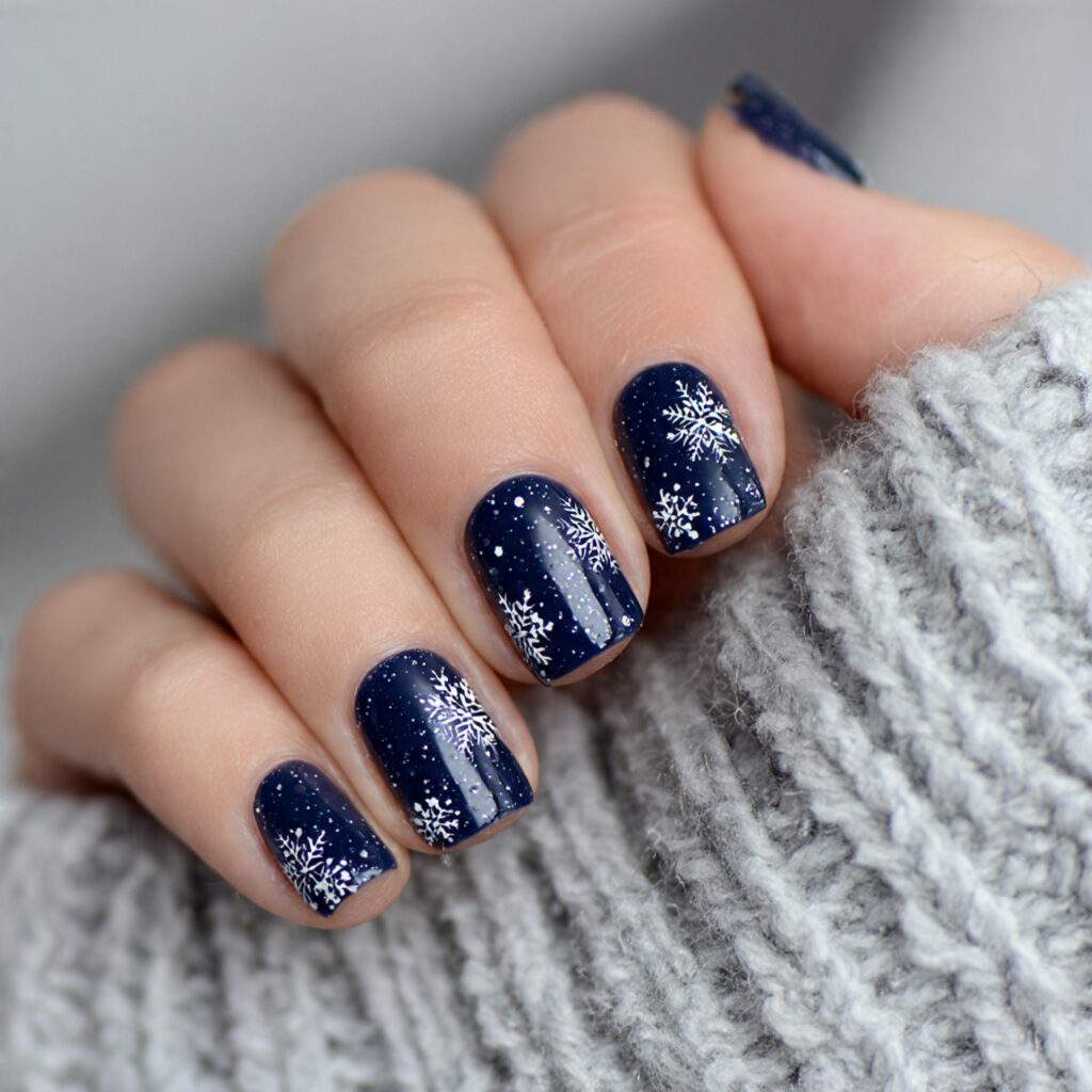 mini snowflake sparkle navy nails feel delicate