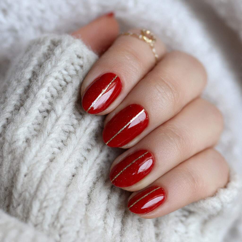 minimal red valentine nails with thin gold