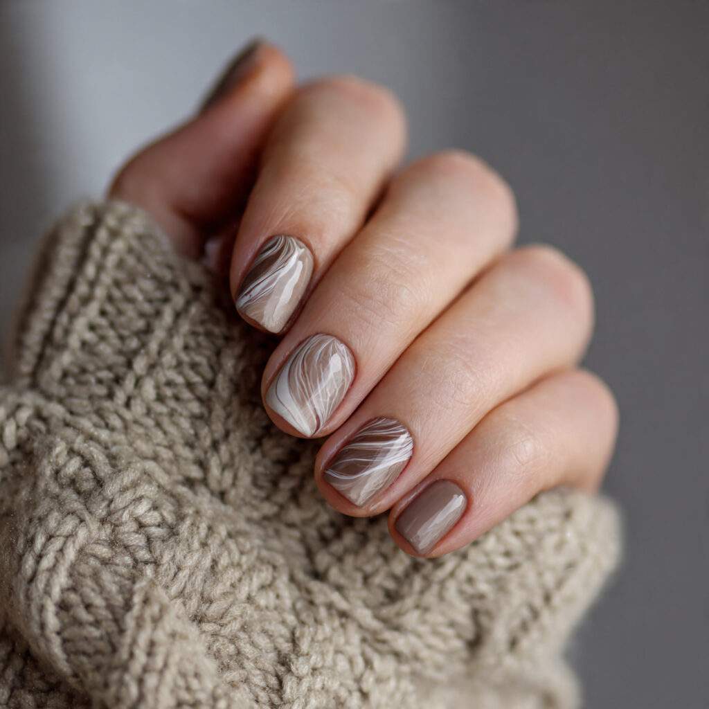 minimal short january nails with neutral swirls