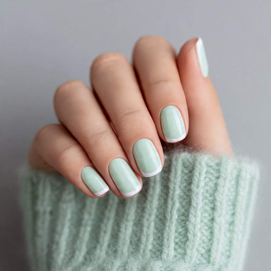 mint green short nails with crisp white