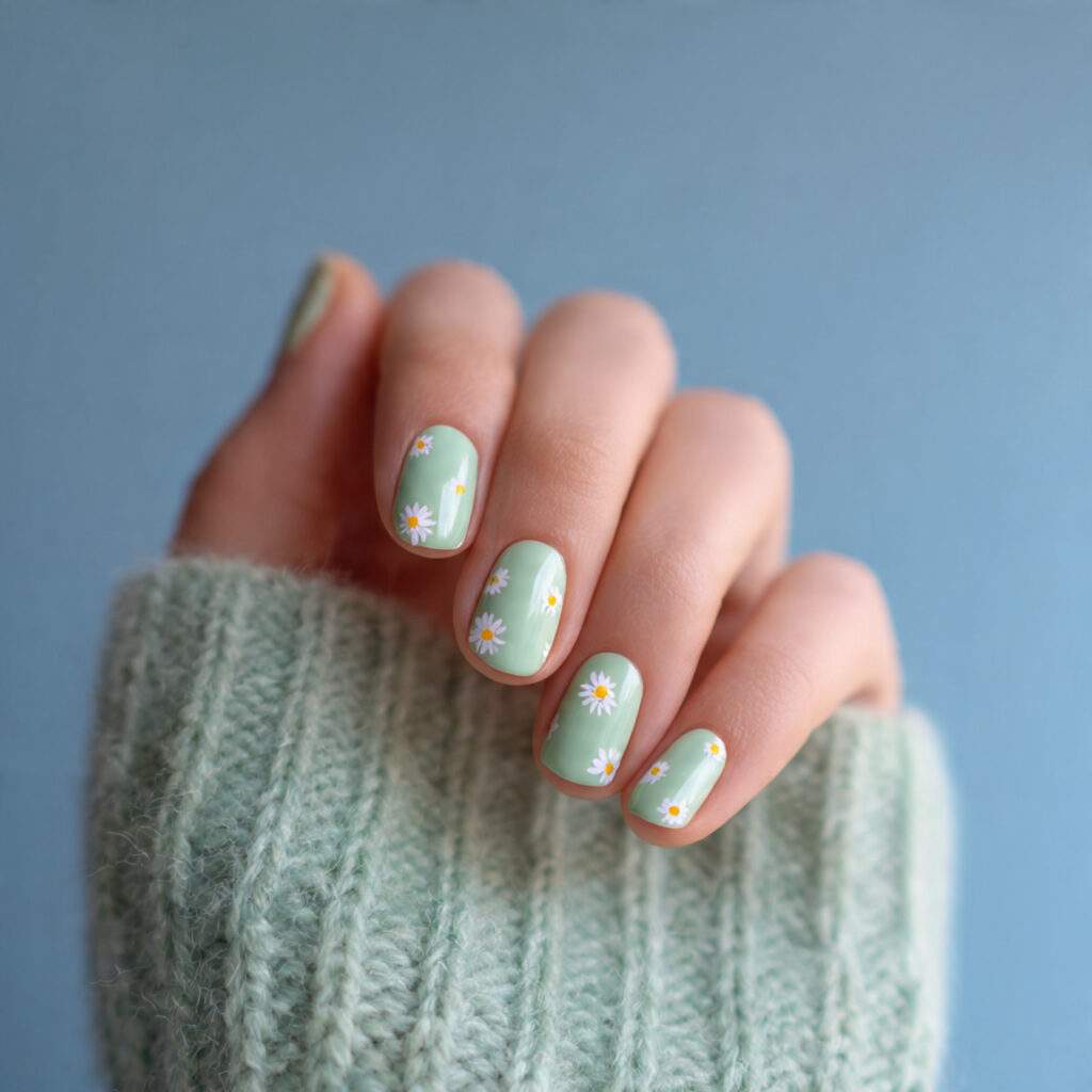 mint green short nails with tiny white