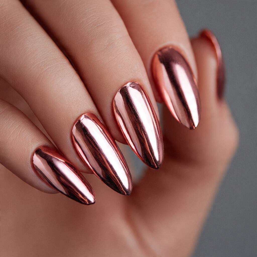 mirror finish rose gold chrome nails with warm