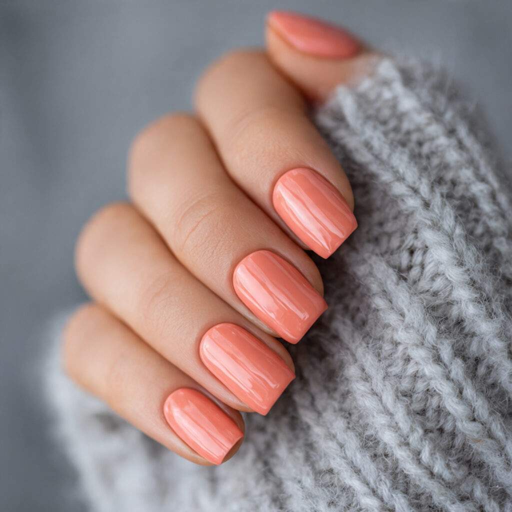 muted soft coral short nails warm optimistic