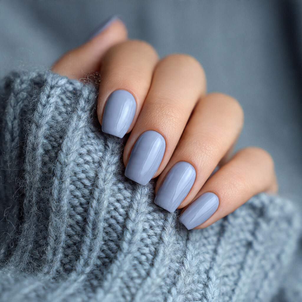 nails in a muted periwinkle shade with