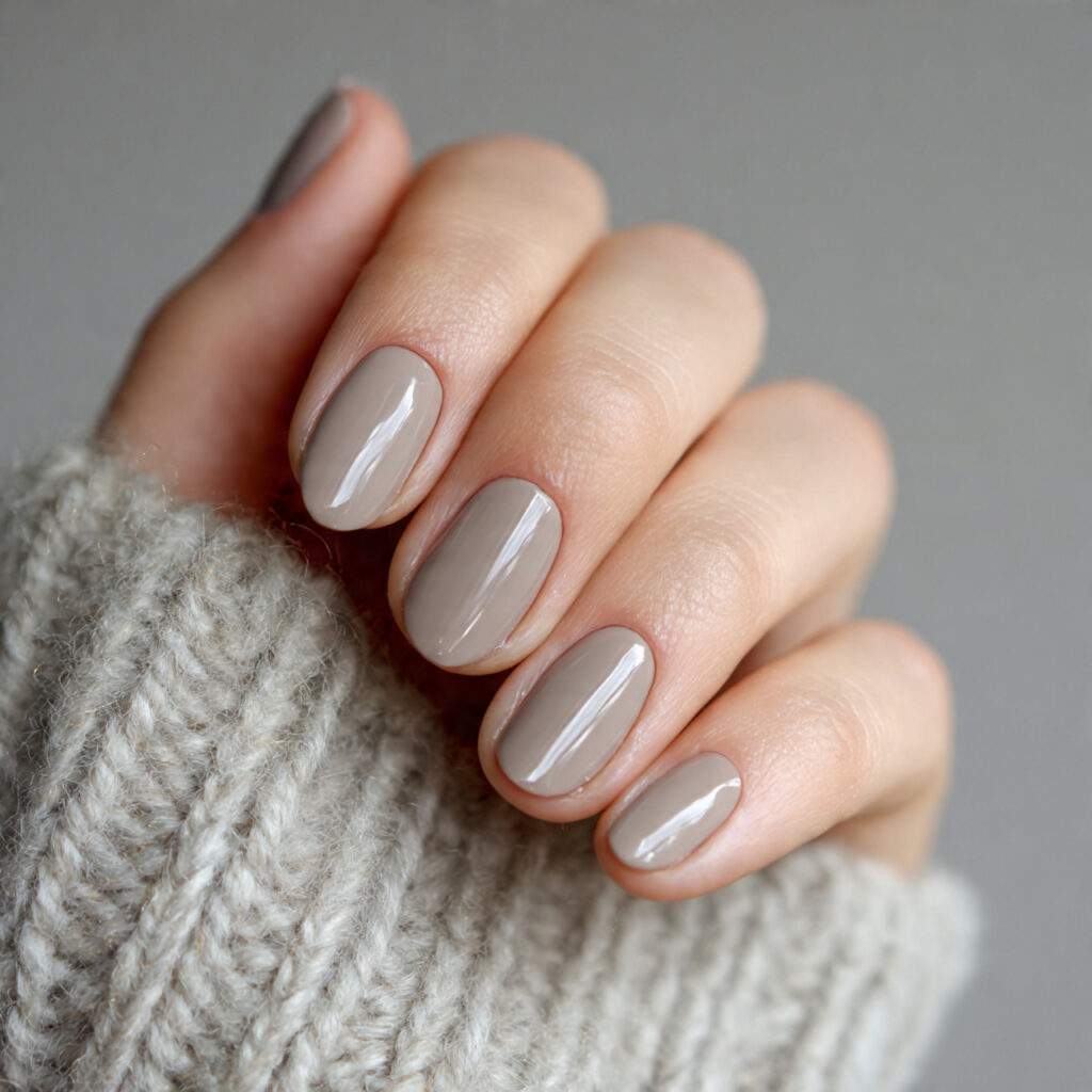 nails painted in balanced gray beige neutral shade