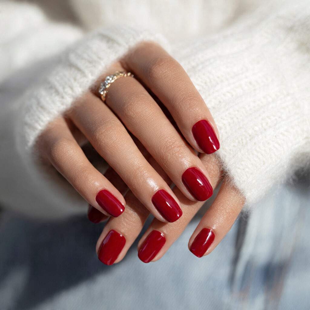 nails painted in bold true red on
