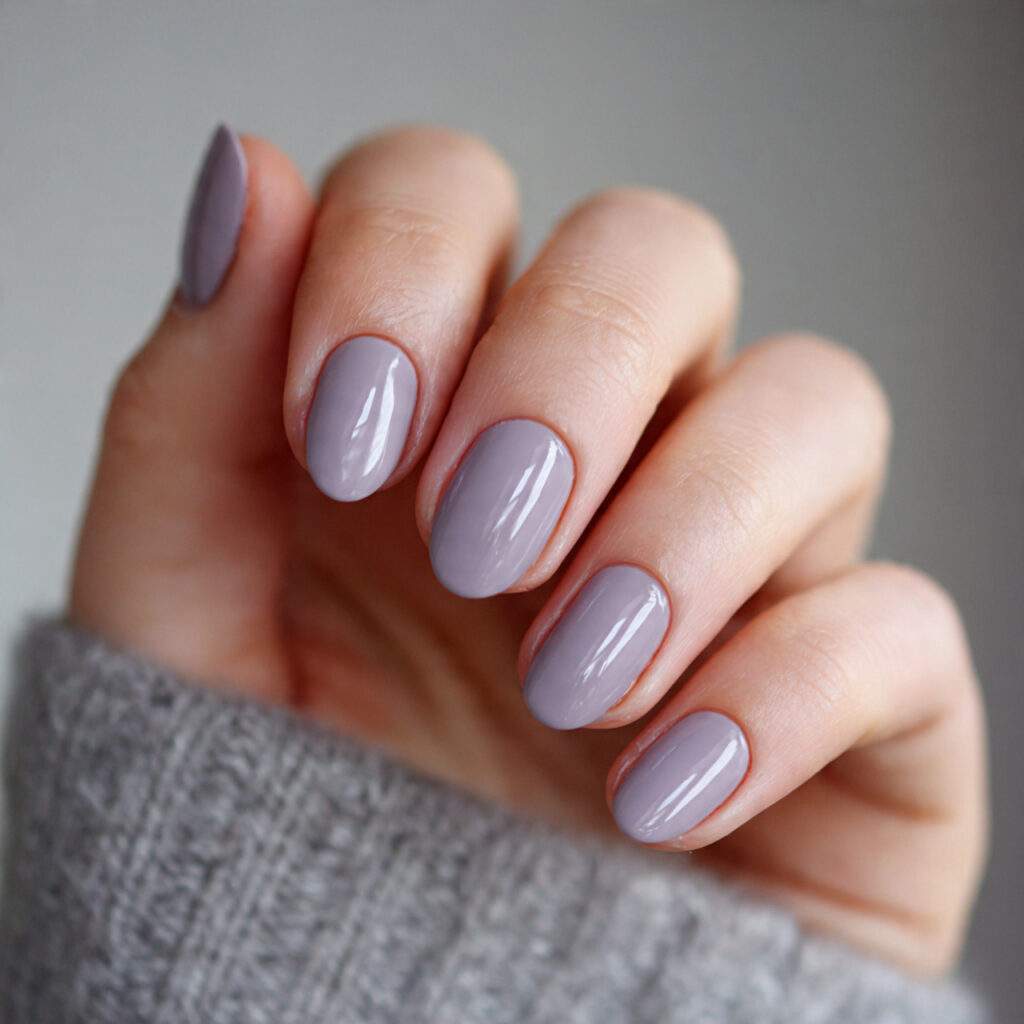 nails painted in muted lavender gray short or