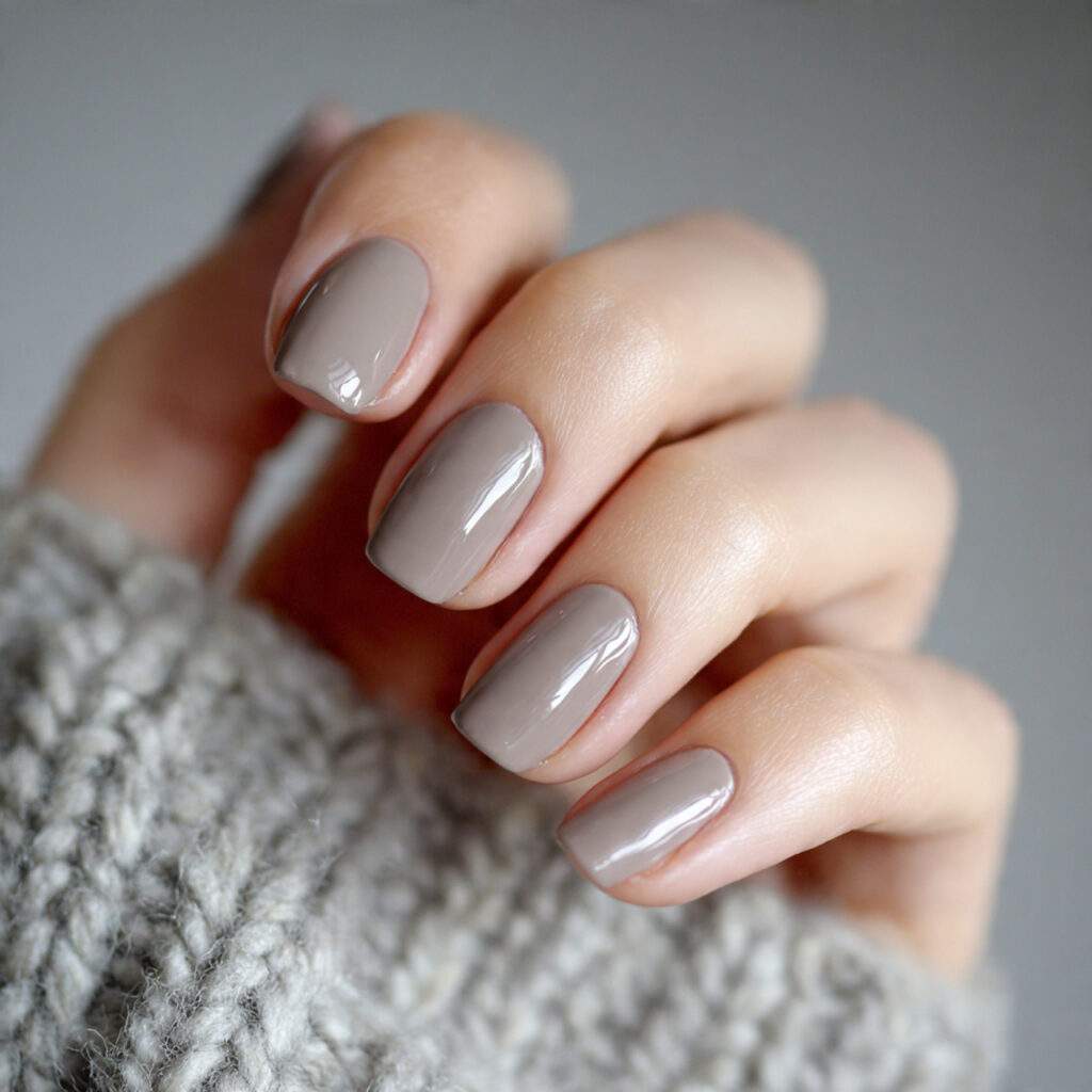 nails painted in soft cool taupe short