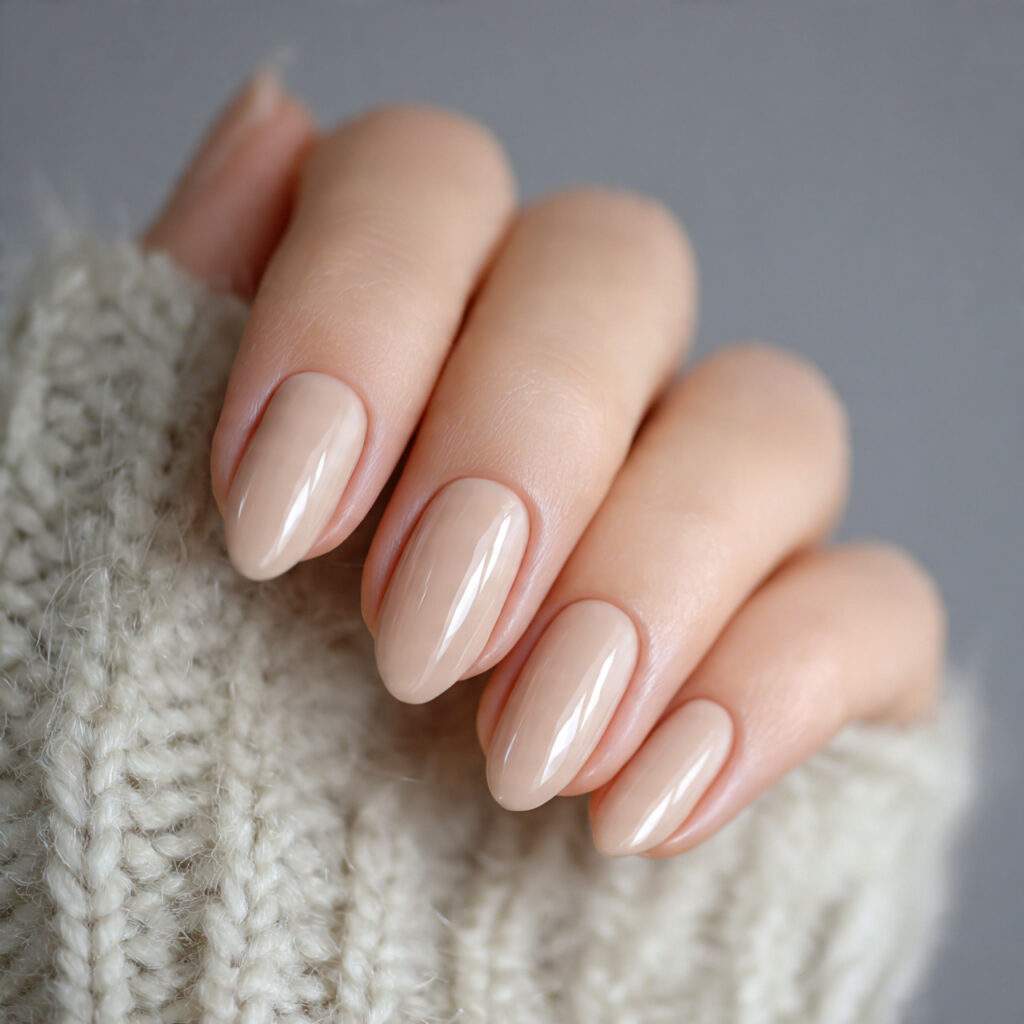 nails painted in soft warm beige rounded 1