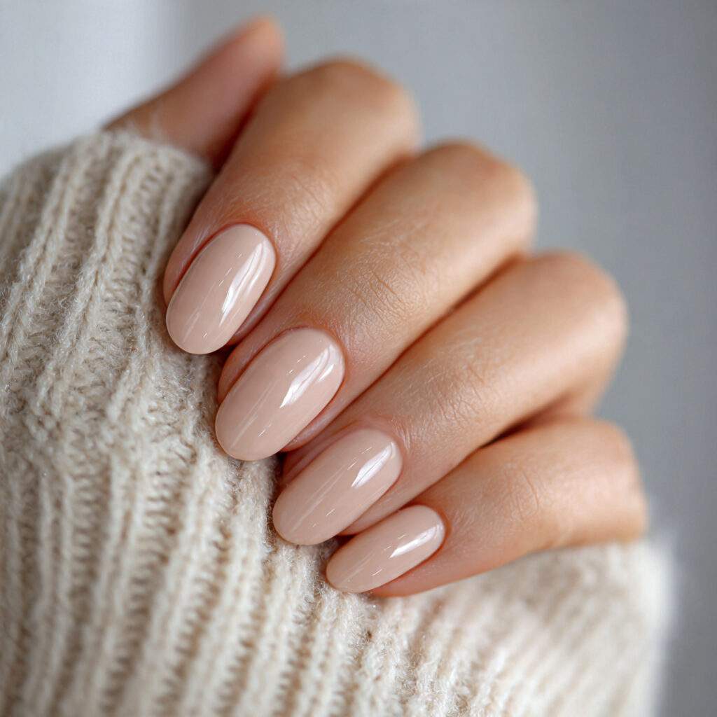 nails painted in warm almond milk color