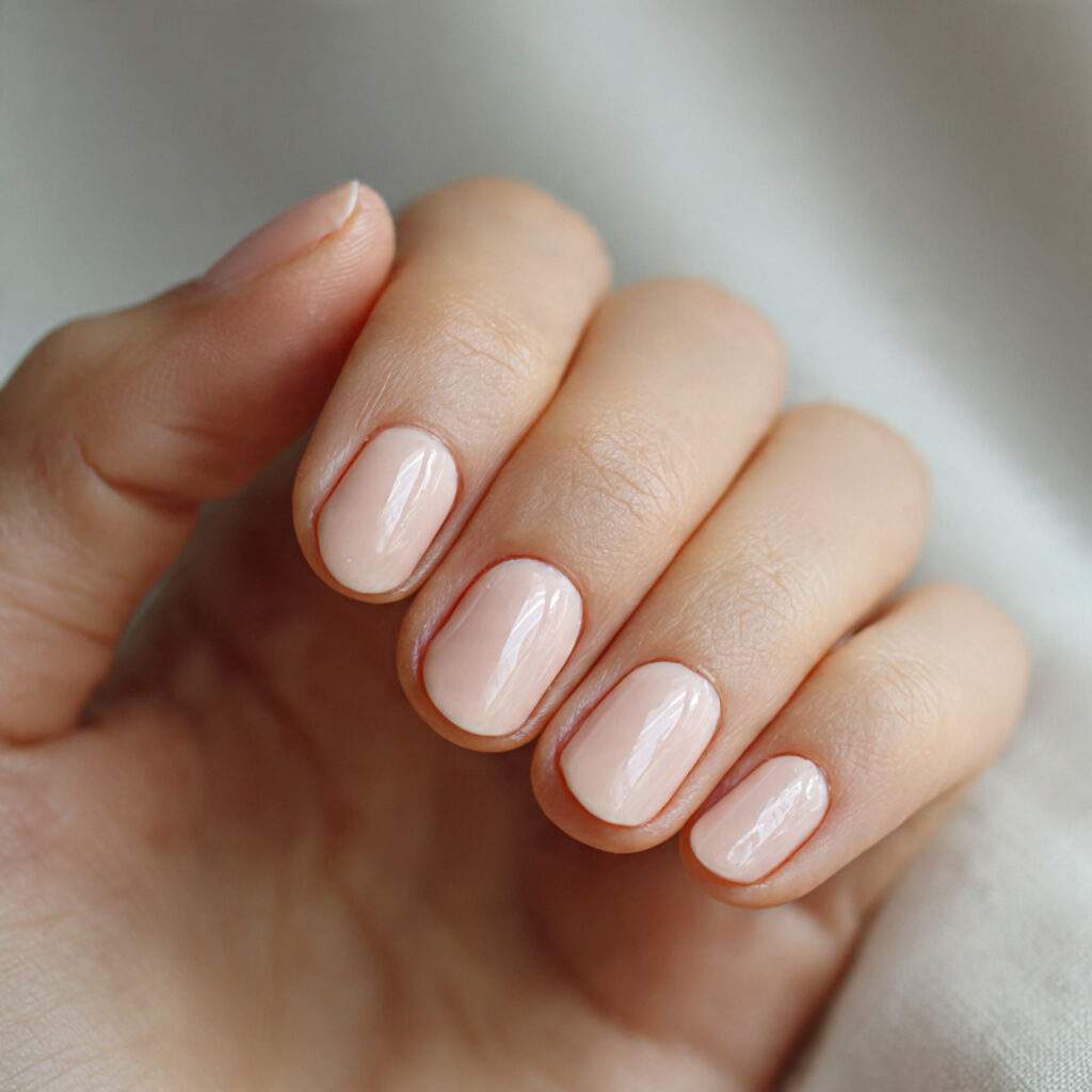 nails with a barely there pale peach polish