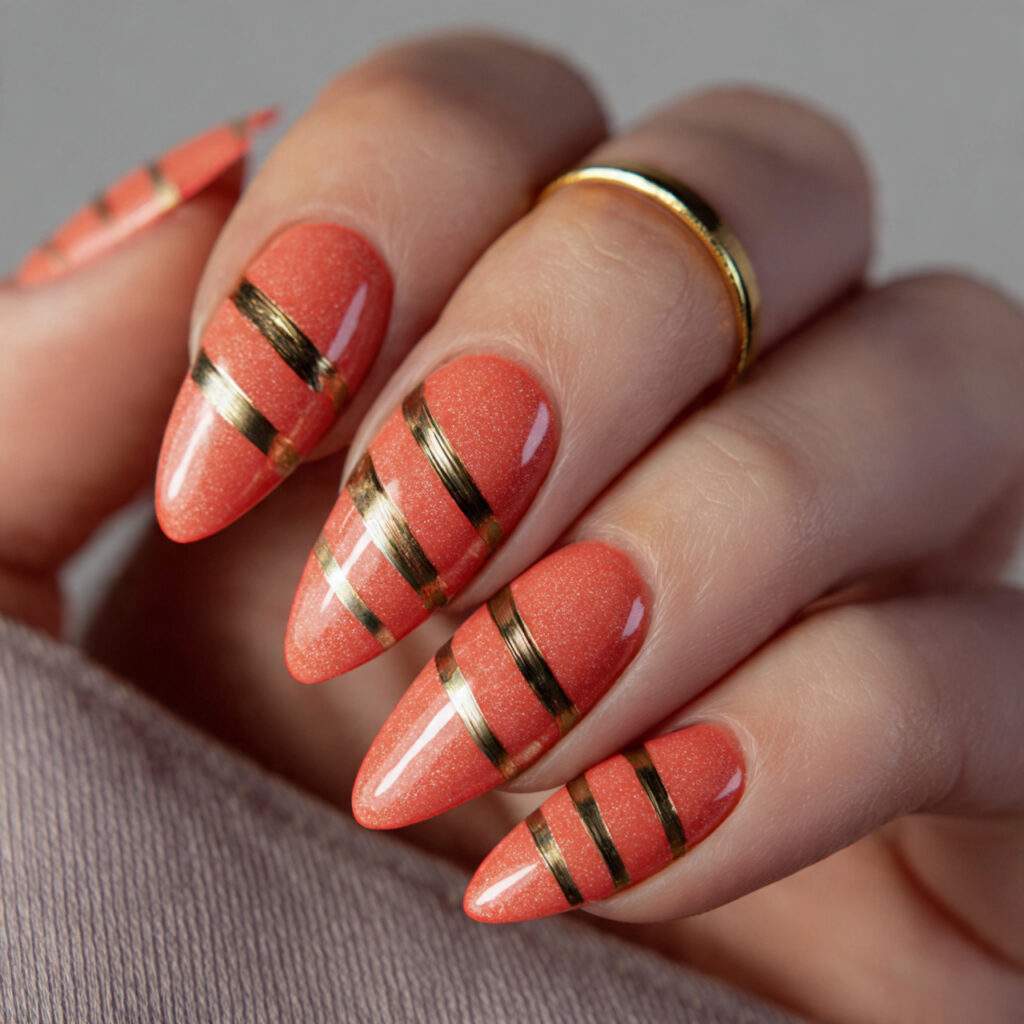 nails with coral polish and a cat