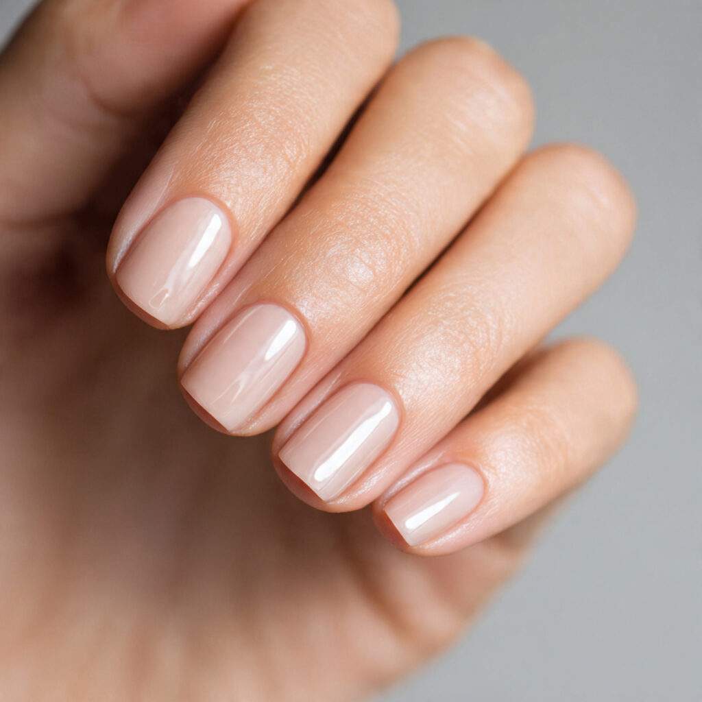 natural nails wearing barely beige sheer polish