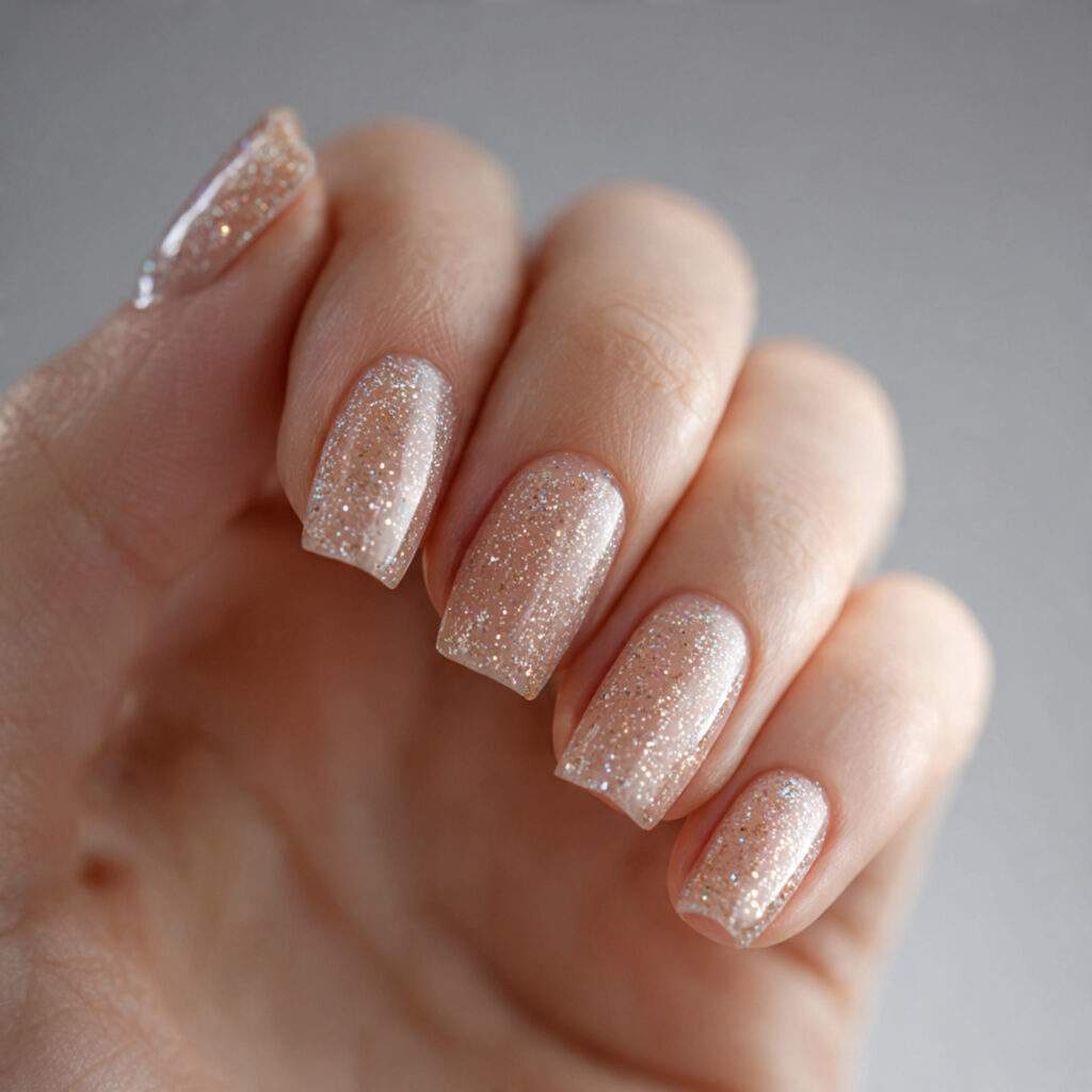 natural nails wearing sheer champagne shimmer polish