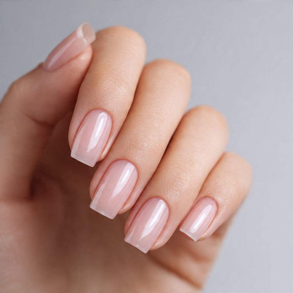 natural nails with jelly style translucent neutral polish