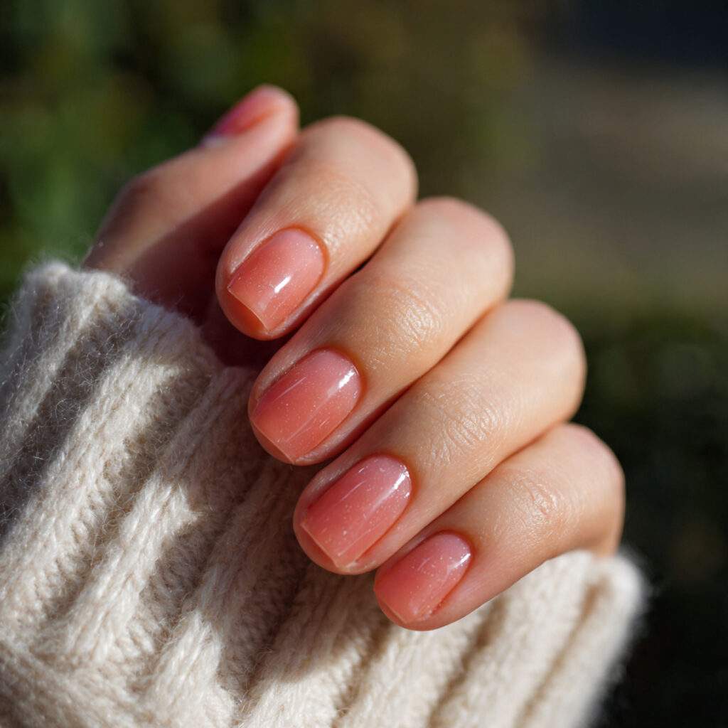 natural nails with sheer coral tint warm