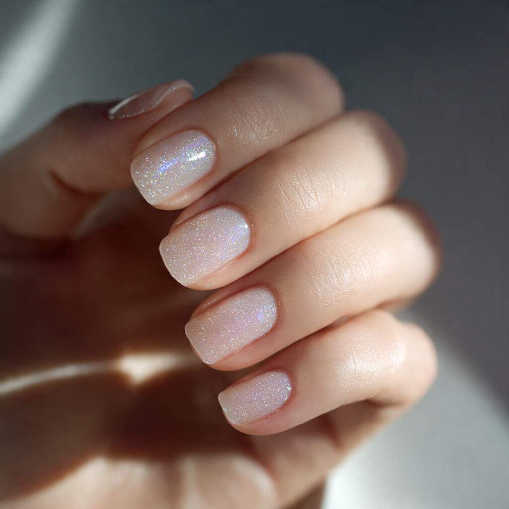 natural nails with sheer moonstone opal shimmer