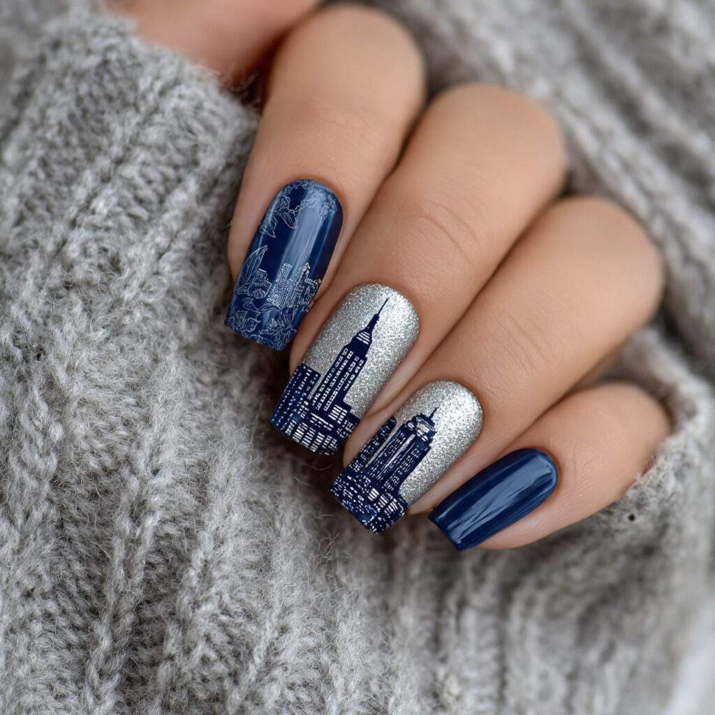 navy and silver nails for a frosty